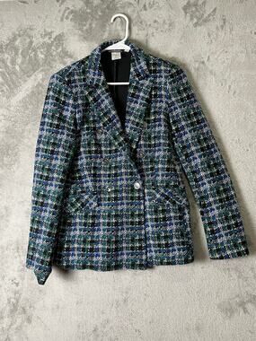 Tristan Blue Green Plaid Tweed Fitted Blazer Jacket Dark Academia Women's M
